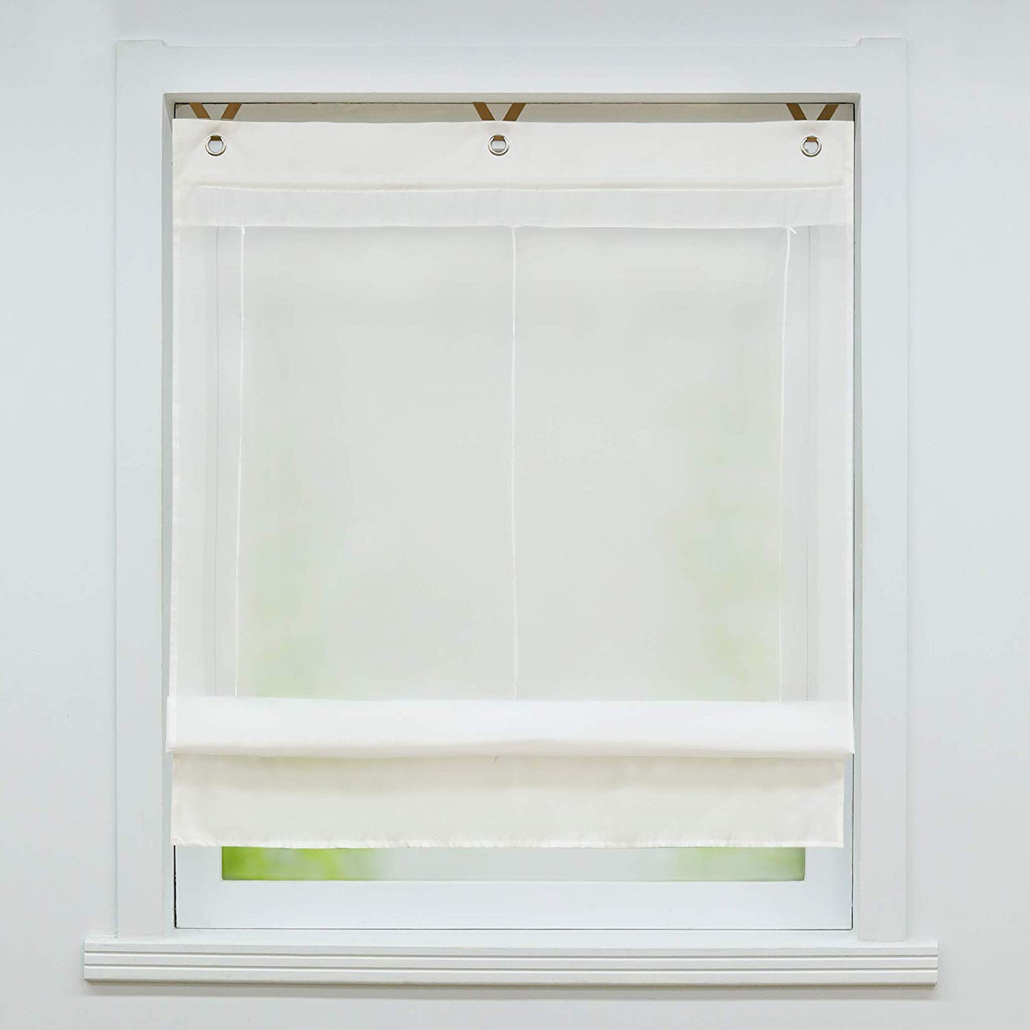 Voile Ösen Raffrollo Küche Gardine mit Farbiger Blende Raffgardine mit