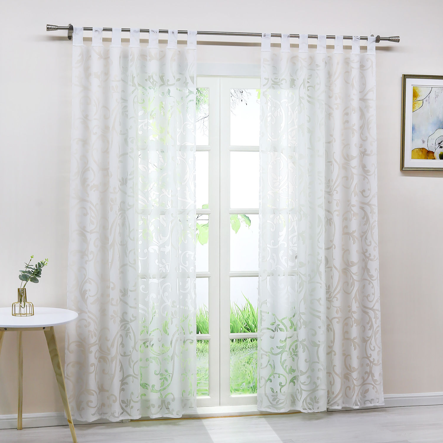 Gardine Ausbrenner Ranken Muster Wohnzimmer Vorhang Fensterstores Weiß