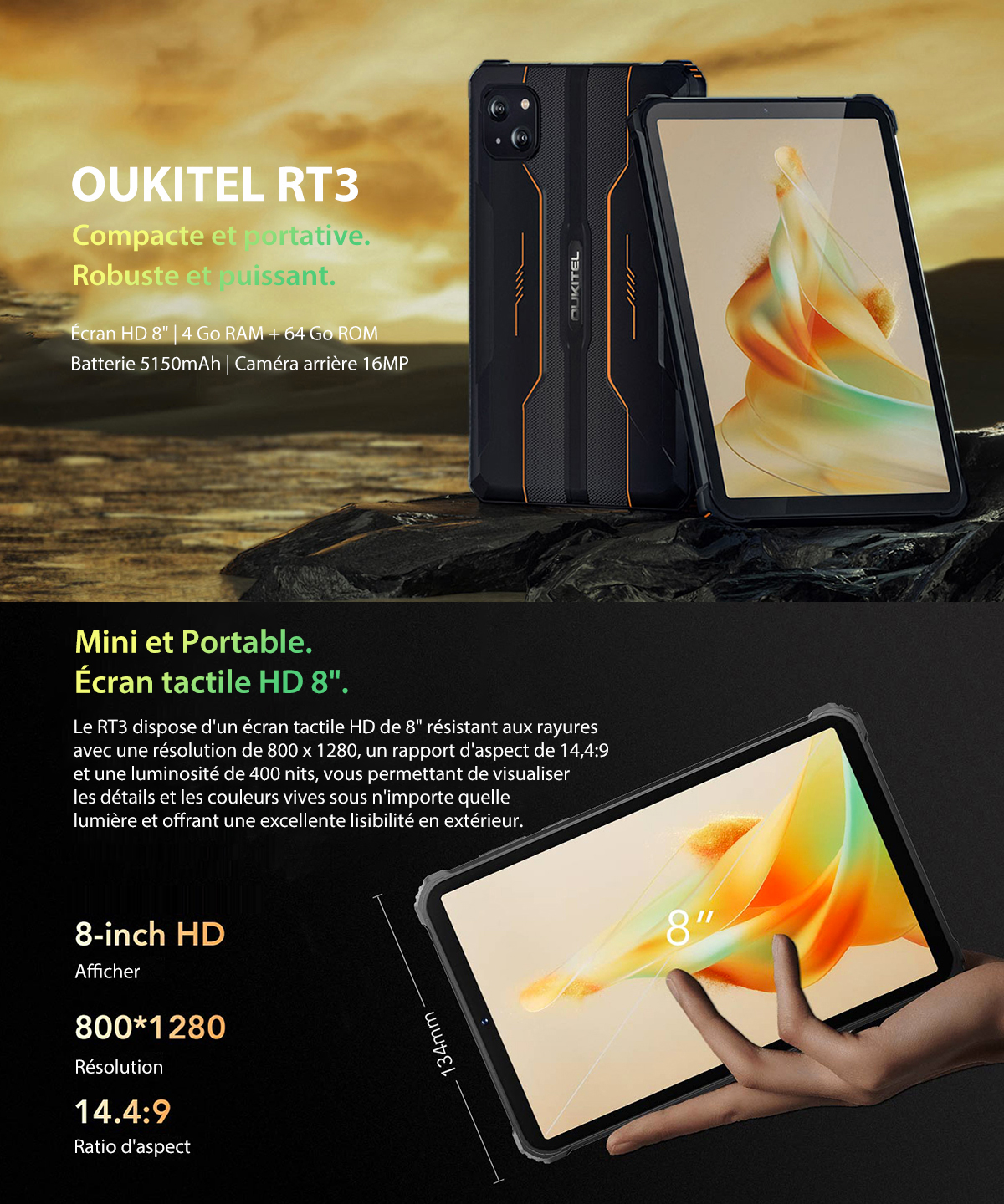 Oukitel – Mini tablette Android RT3 de 8 pouces, HD +, 5150 mAh, 4