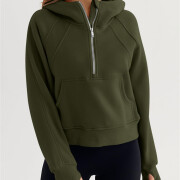 Womens-Cropped-Sweatshirt-Quarter-Zipper-Fleece-Pullover-Hoodies-Armygreen-4