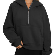 Womens-Cropped-Sweatshirt-Quarter-Zipper-Fleece-Pullover-Hoodies-Black-1