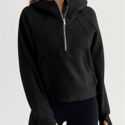 Womens-Cropped-Sweatshirt-Quarter-Zipper-Fleece-Pullover-Hoodies-Black-3