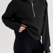 Womens-Cropped-Sweatshirt-Quarter-Zipper-Fleece-Pullover-Hoodies-Black-4