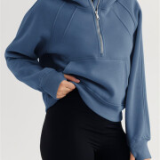 Womens-Cropped-Sweatshirt-Quarter-Zipper-Fleece-Pullover-Hoodies-Blue-3