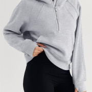 Womens-Cropped-Sweatshirt-Quarter-Zipper-Fleece-Pullover-Hoodies-Grey-3