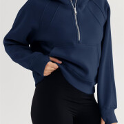 Womens-Cropped-Sweatshirt-Quarter-Zipper-Fleece-Pullover-Hoodies-Navyblue-3