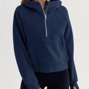 Womens-Cropped-Sweatshirt-Quarter-Zipper-Fleece-Pullover-Hoodies-Navyblue-4