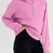 Womens-Cropped-Sweatshirt-Quarter-Zipper-Fleece-Pullover-Hoodies-Pink-3