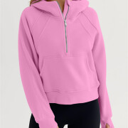 Womens-Cropped-Sweatshirt-Quarter-Zipper-Fleece-Pullover-Hoodies-Pink-4