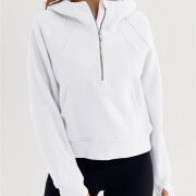 Womens-Cropped-Sweatshirt-Quarter-Zipper-Fleece-Pullover-Hoodies-White-4