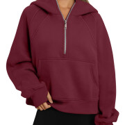 Womens-Cropped-Sweatshirt-Quarter-Zipper-Fleece-Pullover-Hoodies-Winered-1