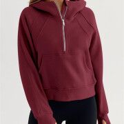 Womens-Cropped-Sweatshirt-Quarter-Zipper-Fleece-Pullover-Hoodies-Winered-4