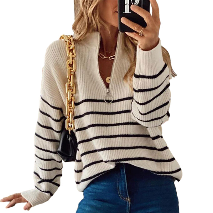 Womens-Fall-Half-Zip-Striped-Sweater-Beige-1.jpg