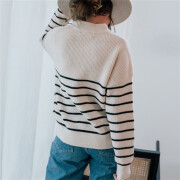 Womens-Fall-Half-Zip-Striped-Sweater-Beige-2