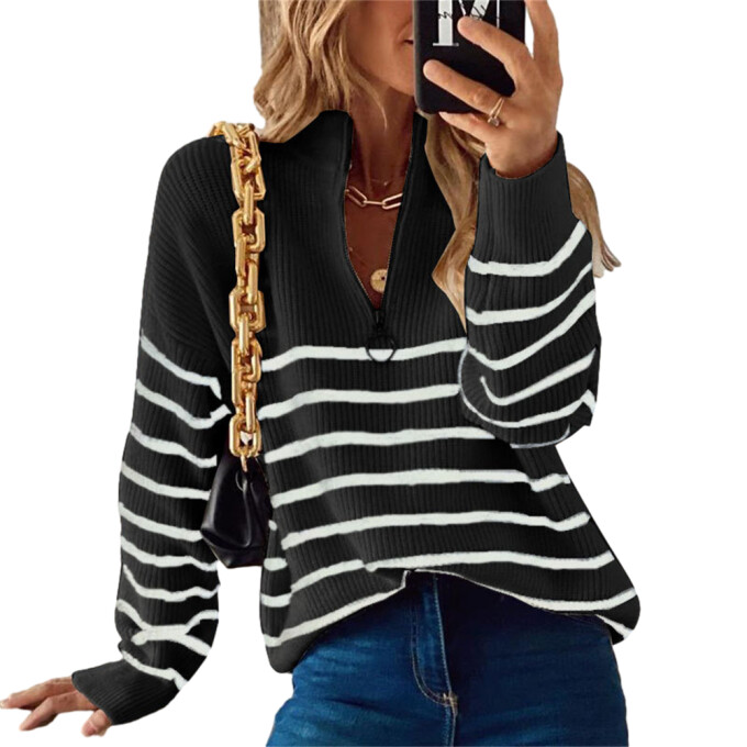 Womens-Fall-Half-Zip-Striped-Sweater-Black-1.jpg