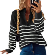 Womens-Fall-Half-Zip-Striped-Sweater-Black-1