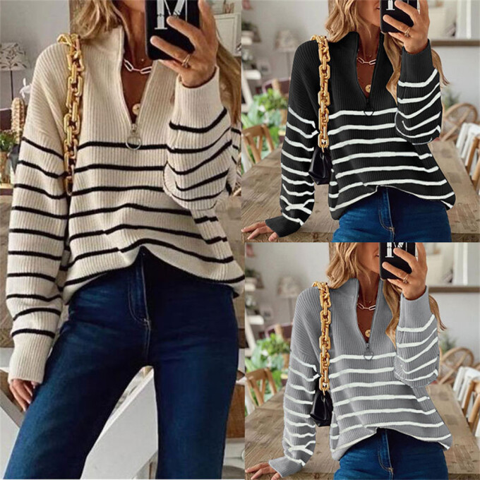 Womens-Fall-Half-Zip-Striped-Sweater-Black-3.jpg