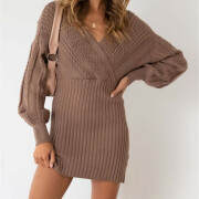 Womens-Long-Sleeve-Knit-Bodycon-Dress-Khaki-3