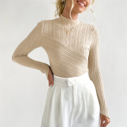 Womens-Mock-Neck-Sweater-Long-Sleeve-Slim-Fitted-Stretch-Ribbed-Knit-Pullover-Jumper-Tops-Apricot-5