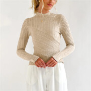 Womens-Mock-Neck-Sweater-Long-Sleeve-Slim-Fitted-Stretch-Ribbed-Knit-Pullover-Jumper-Tops-Apricot-6