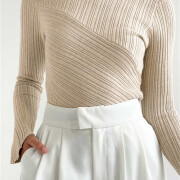 Womens-Mock-Neck-Sweater-Long-Sleeve-Slim-Fitted-Stretch-Ribbed-Knit-Pullover-Jumper-Tops-Apricot-7