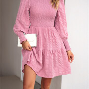 Womens-2023-Casual-Puff-Long-Sleeve-Mock-Neck-Dress-Pink-4