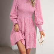 Womens-2023-Casual-Puff-Long-Sleeve-Mock-Neck-Dress-Pink-5