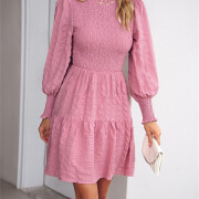 Womens-2023-Casual-Puff-Long-Sleeve-Mock-Neck-Dress-Pink-6