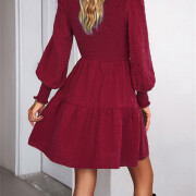 Womens-2023-Casual-Puff-Long-Sleeve-Mock-Neck-Dress-Winered-2