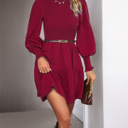 Womens-2023-Casual-Puff-Long-Sleeve-Mock-Neck-Dress-Winered-3