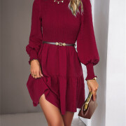 Womens-2023-Casual-Puff-Long-Sleeve-Mock-Neck-Dress-Winered-4