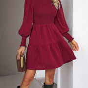 Womens-2023-Casual-Puff-Long-Sleeve-Mock-Neck-Dress-Winered-5