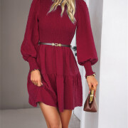 Womens-2023-Casual-Puff-Long-Sleeve-Mock-Neck-Dress-Winered-6