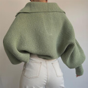 Womens-Fall-Cropped-Lapel-Collar-Sweater-Green-2