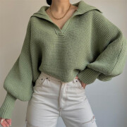 Womens-Fall-Cropped-Lapel-Collar-Sweater-Green-3