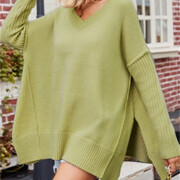 Womens-V-Neck-Oversized-Sweater-Green-3