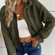 Womens-Cropped-Sherpa-Jacket-Zipper-Green-4