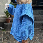 Womens-Turtleneck-Puffy-Long-Sleeve-Oversized-Sweater-Blue-3