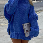 Womens-Turtleneck-Puffy-Long-Sleeve-Oversized-Sweater-Blue-7