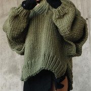 Womens-Turtleneck-Puffy-Long-Sleeve-Oversized-Sweater-Green-3