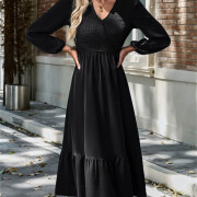 Womens-Wrap-V-Neck-Maxi-Dress-Puff-Long-Sleeve-Smocked-Tiered-A-Line-Pleated-Flowy-Long-Dress-Black-3