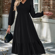 Womens-Wrap-V-Neck-Maxi-Dress-Puff-Long-Sleeve-Smocked-Tiered-A-Line-Pleated-Flowy-Long-Dress-Black-4