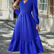 Womens-Wrap-V-Neck-Maxi-Dress-Puff-Long-Sleeve-Smocked-Tiered-A-Line-Pleated-Flowy-Long-Dress-Blue-4