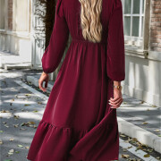 Womens-Wrap-V-Neck-Maxi-Dress-Puff-Long-Sleeve-Smocked-Tiered-A-Line-Pleated-Flowy-Long-Dress-Winered-2