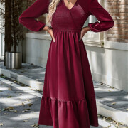 Womens-Wrap-V-Neck-Maxi-Dress-Puff-Long-Sleeve-Smocked-Tiered-A-Line-Pleated-Flowy-Long-Dress-Winered-3