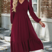 Womens-Wrap-V-Neck-Maxi-Dress-Puff-Long-Sleeve-Smocked-Tiered-A-Line-Pleated-Flowy-Long-Dress-Winered-4