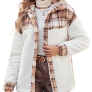 Womens-Fleece-Plaid-Jacket-Coat-Khaki-1