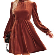 Womens-Mock-Neck-Velvet-Dress-Brown-1