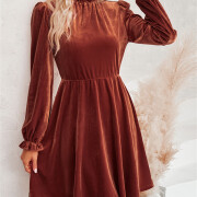 Womens-Mock-Neck-Velvet-Dress-Brown-3