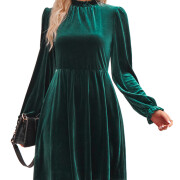 Womens-Mock-Neck-Velvet-Dress-Darkgreen-1